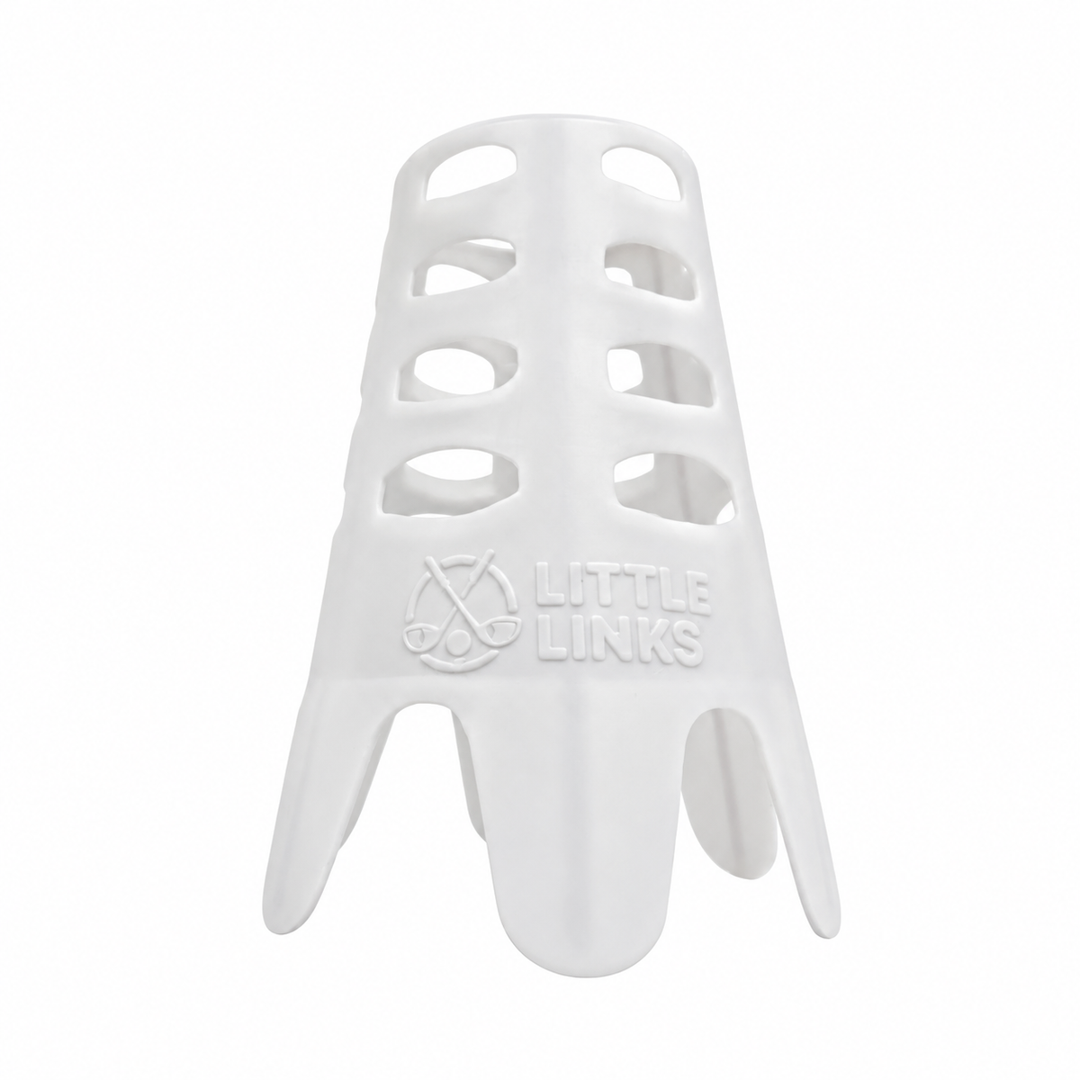 Close-up of a white Little Links hard surface golf tee with flexible design, ventilation openings and embossed logo for golf practice.