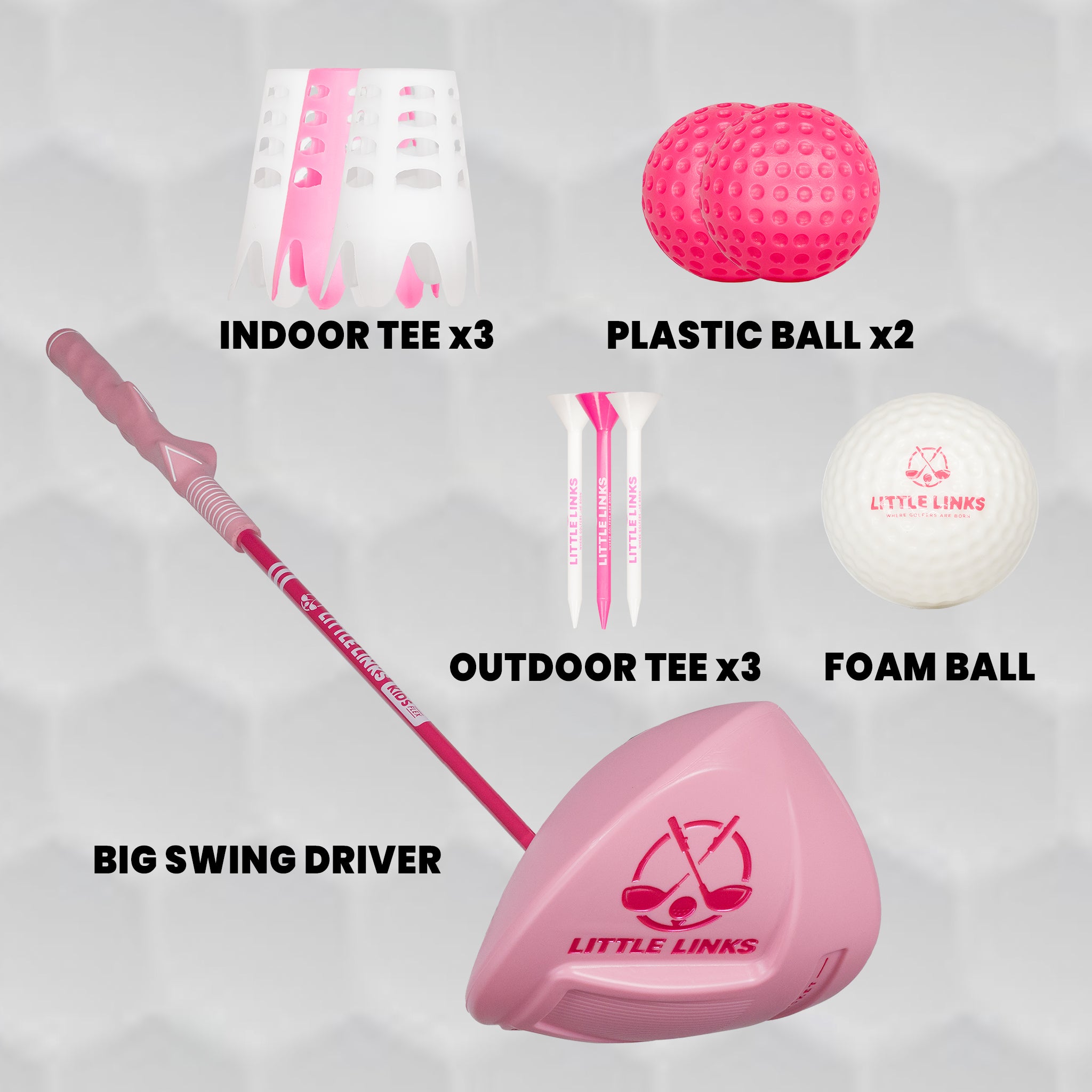 Little Links Big Swing Driver kids golf set in pink with included indoor tees, outdoor tees, plastic balls and foam ball for beginner practice.