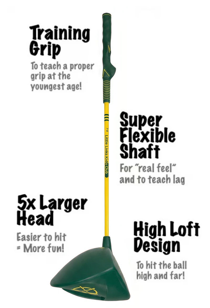 Little Links green kids golf driver with labeled features including training grip, flexible shaft, oversized club head, and high loft design to help young golfers learn and build confidence.