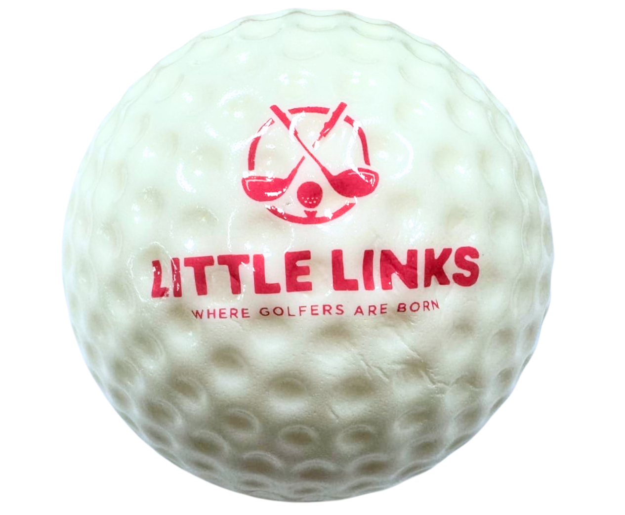 Close-up of Little Links kids foam golf ball in white with pink logo, showing soft texture and oversized design ideal for beginner golf practice.