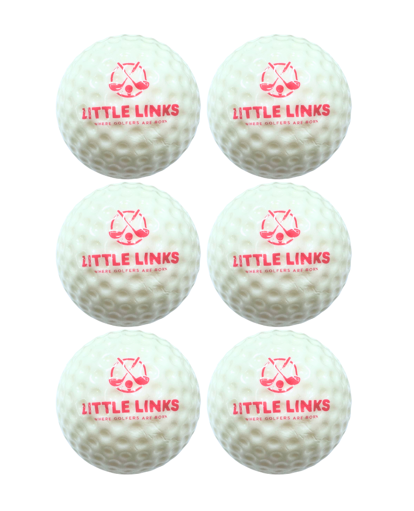 Little Links kids foam golf balls 6 pack in white with pink logo, oversized soft practice balls designed for safe indoor and outdoor training for young golfers.