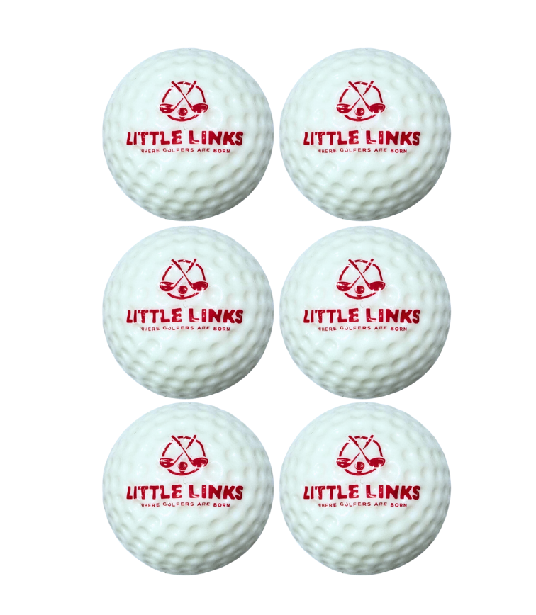 Little Links kids foam golf balls 6 pack in white with red logo, oversized soft practice balls designed for safe indoor and outdoor training for beginner golfers.
