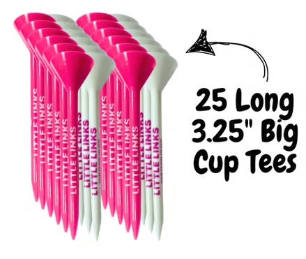 Little Links kids golf big cup tees 25 pack 3.25 inch in pink and white, designed with a large cup for easy ball placement and ideal for beginner golfers learning to tee up.