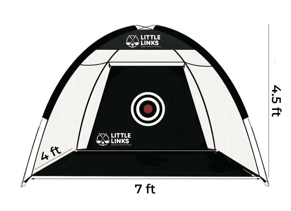 Little Links kids golf hitting net with target shown with dimensions including 7 ft width, 4 ft depth, and 4.5 ft height, designed for at-home practice to help young golfers improve accuracy and swing skills.