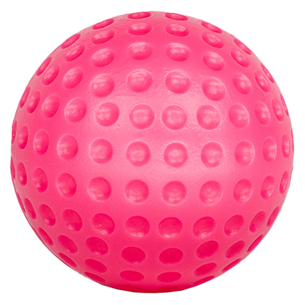 Close-up of oversized pink plastic golf ball with dimple texture, lightweight design ideal for safe kids golf practice indoors or outdoors.