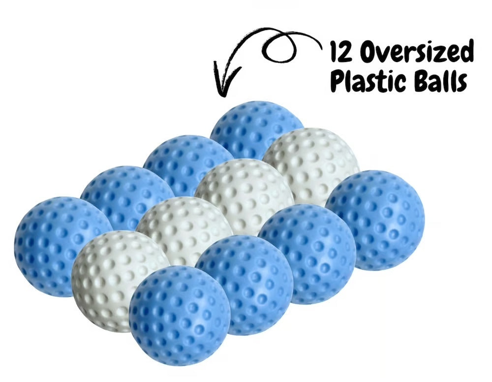 Little Links kids plastic golf balls 12 pack in blue and white, oversized lightweight practice balls designed for beginner golf training indoors and outdoors.