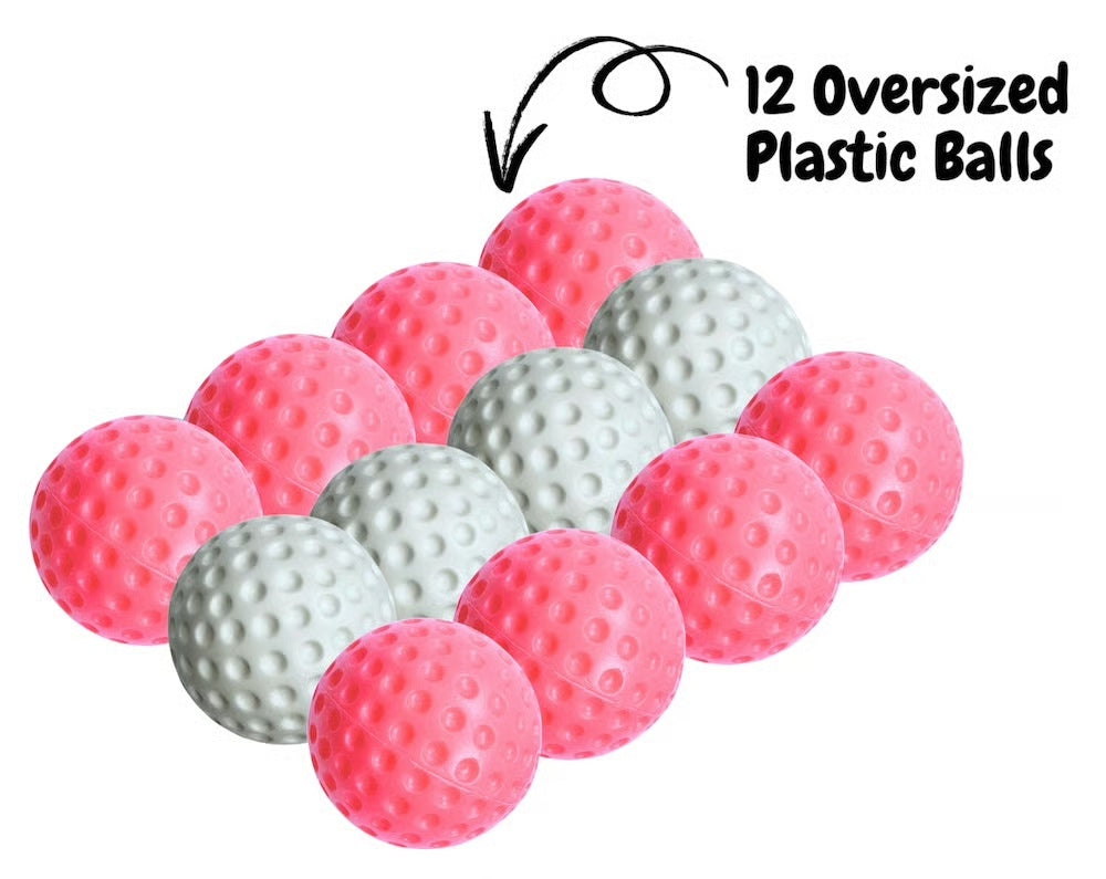 Little Links kids plastic golf balls 12 pack in pink and white, oversized lightweight practice balls designed for safe beginner training indoors and outdoors.
