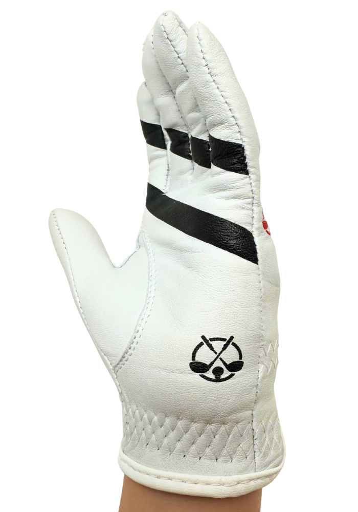 Little Links kids golf training glove for left hand shown in a side angle on a child’s hand, highlighting grip alignment guides, side stitching, and flexible material that helps young golfers develop proper hand positioning and build confidence while learning the game.