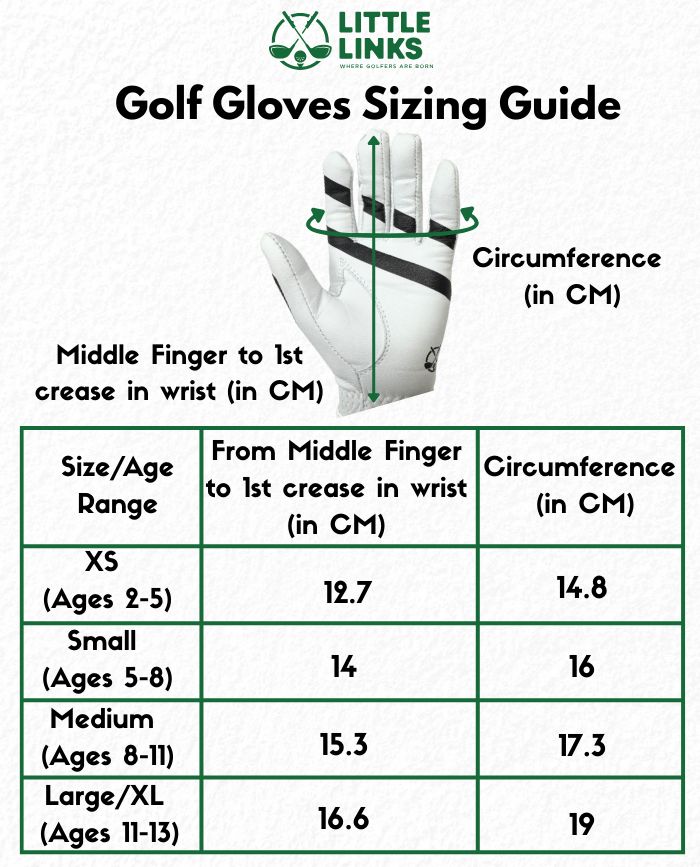 Little Links left hand kids golf glove sizing guide chart showing how to measure hand size using middle finger to wrist crease length and hand circumference in centimeters, with recommended sizes by age range including XS, Small, Medium, and Large/XL to help parents choose the correct fit for young golfers.
