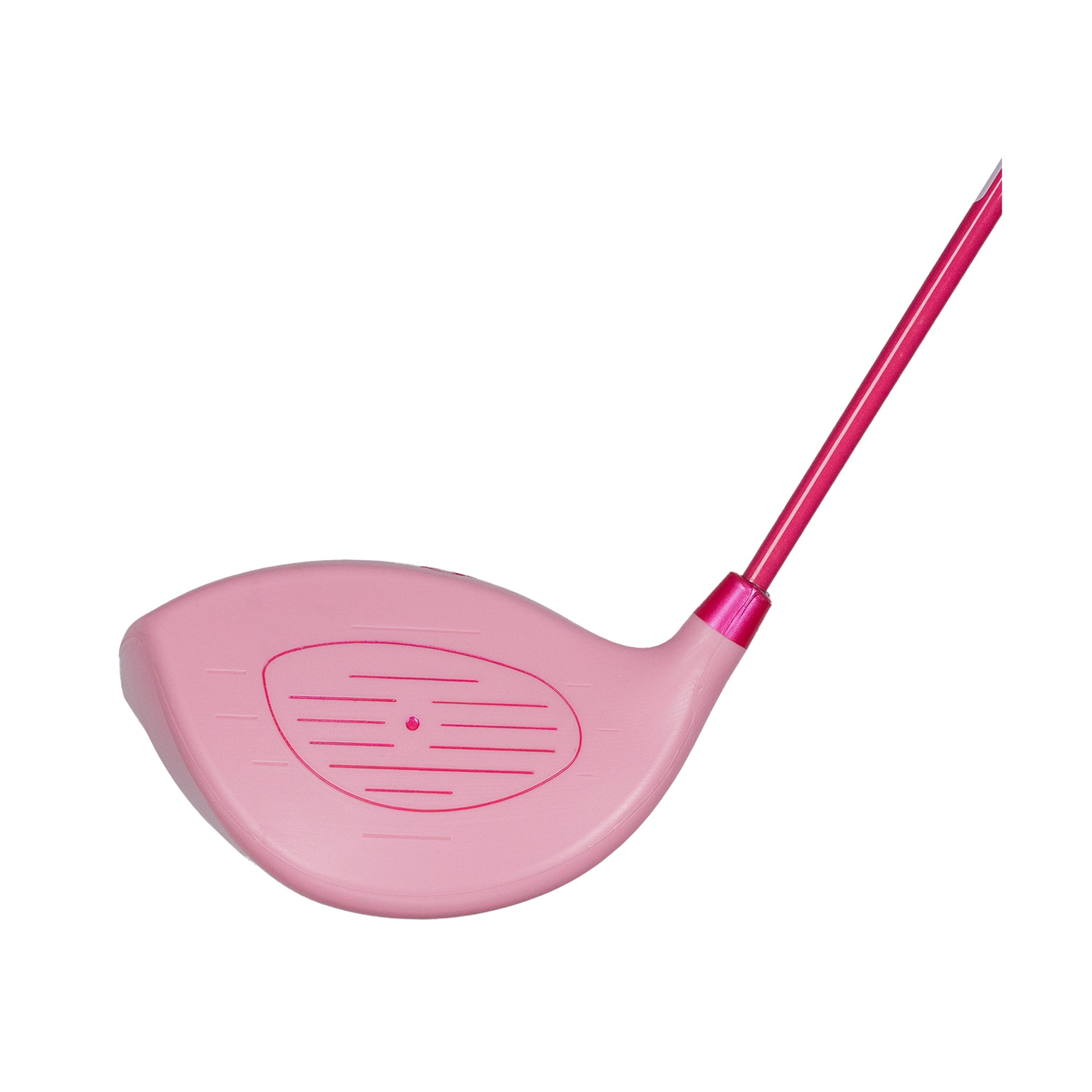 Front face of Little Links Big Swing Driver in pink with wide striking surface designed for beginner golf training.