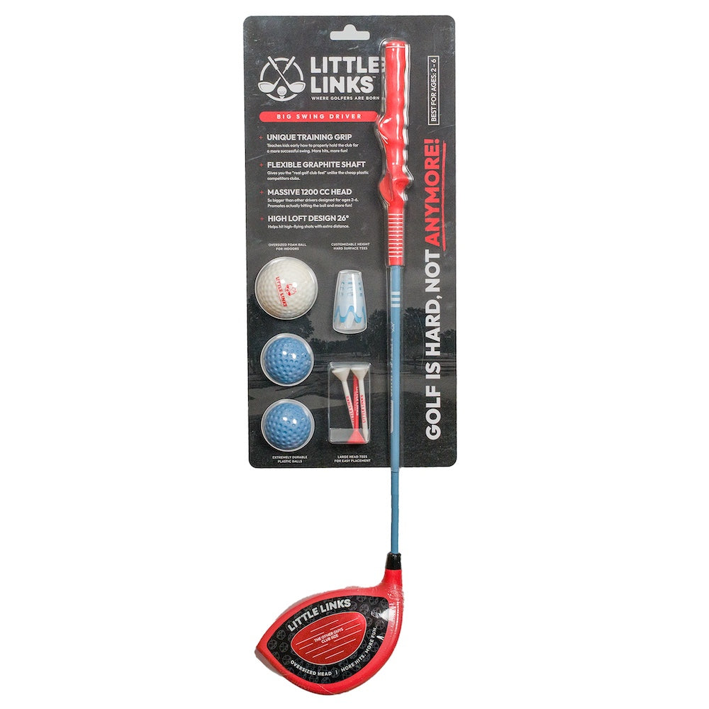 A red Little Links Big Swing Kids Golf Driver set including an oversized driver, training grip, plastic balls, and tees, designed to help kids learn golf in a fun and confidence-building way.