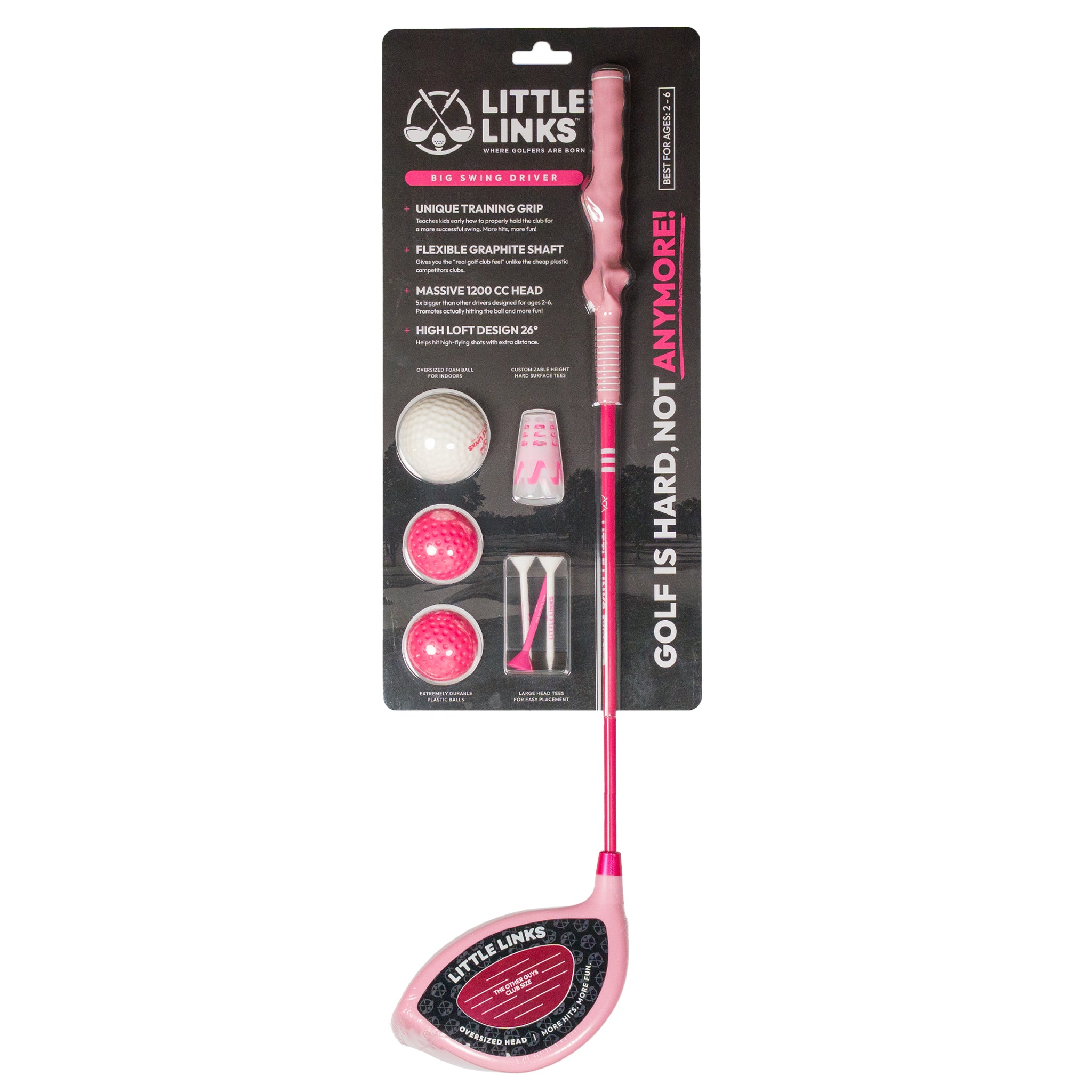 Little Links Big Swing Driver kids golf set in pink, including oversized training driver, practice balls and tees designed for beginner-friendly golf learning.
