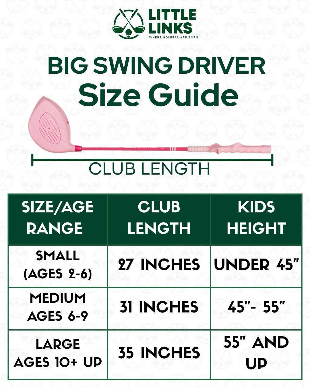 Little Links Big Swing Driver size guide showing club length and recommended height ranges for kids.