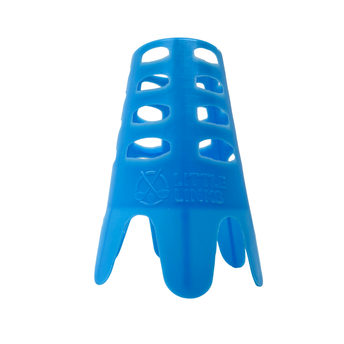 Close-up of a blue Little Links hard surface golf tee with flexible design, ventilation openings and embossed logo for golf practice.