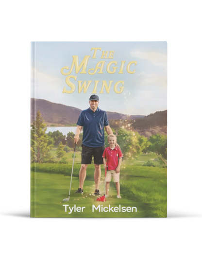 The Magic Swing children’s book cover showing a dad and young boy on a golf course.