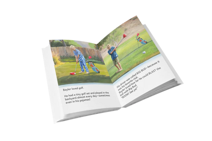Open book showing illustrated pages from The Magic Swing with a child playing golf