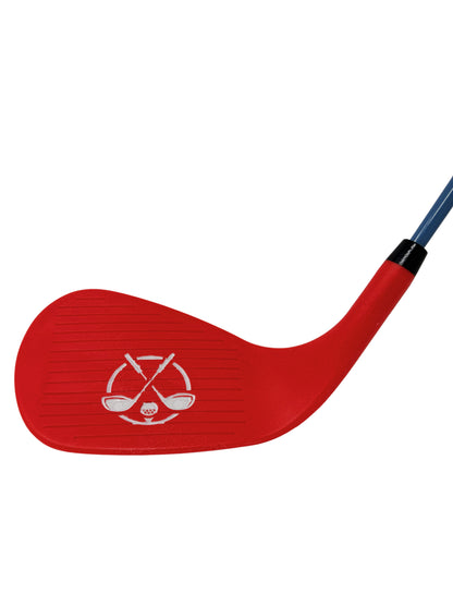 Front view of the red Little Links Big Swing Wedge adult clubface with oversized sweet spot.