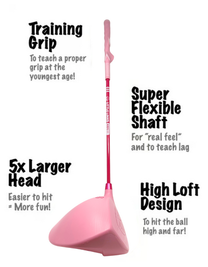 Little Links Big Swing Driver in pink highlighting training grip, flexible shaft, oversized club head and high loft design for kids learning golf.