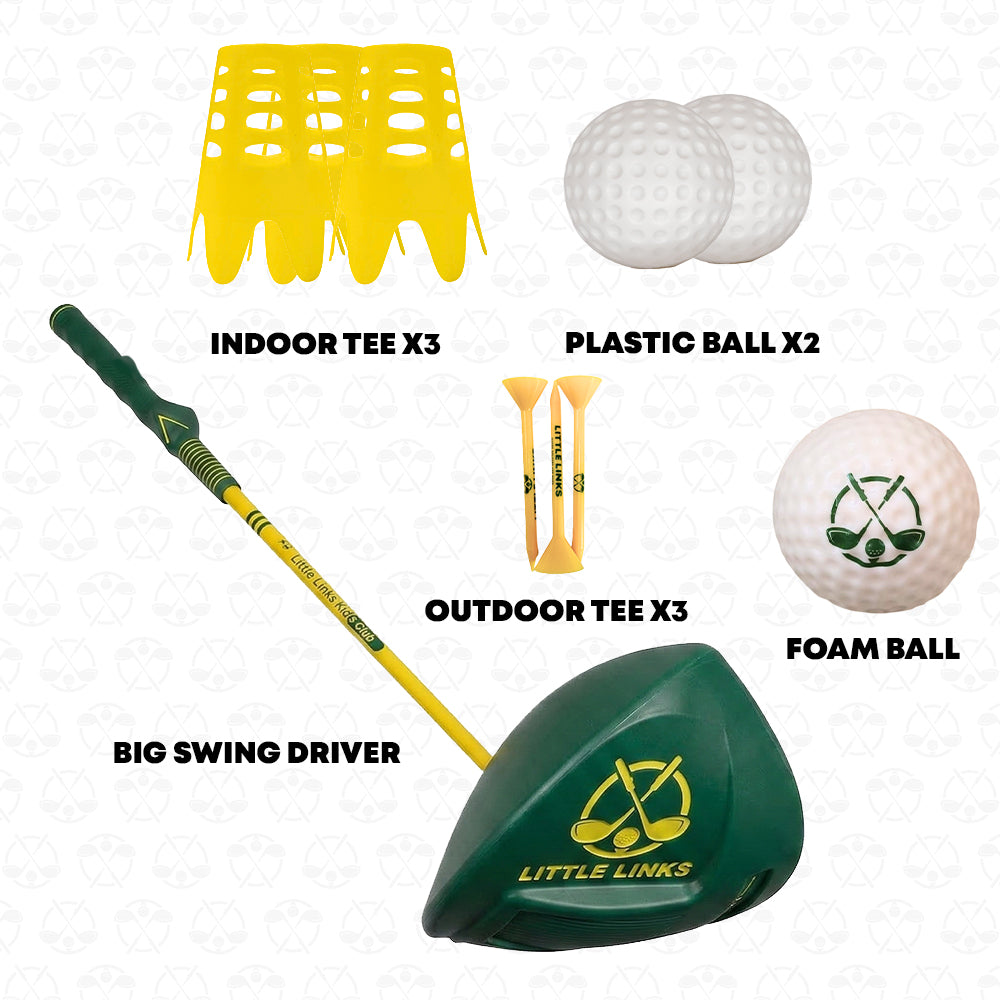 Little Links kids golf driver set in green including oversized driver, indoor tees, outdoor tees, plastic balls, and foam ball designed for beginner golfers.