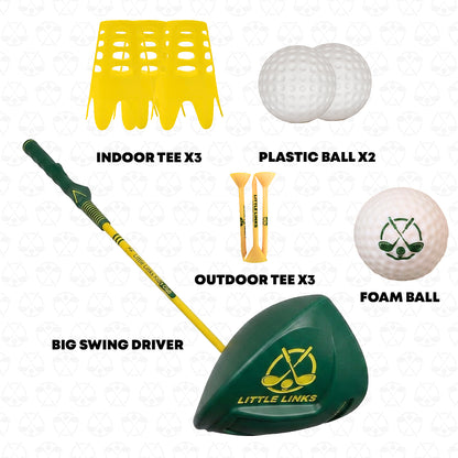 Little Links kids golf driver set in green including oversized driver, indoor tees, outdoor tees, plastic balls, and foam ball designed for beginner golfers.