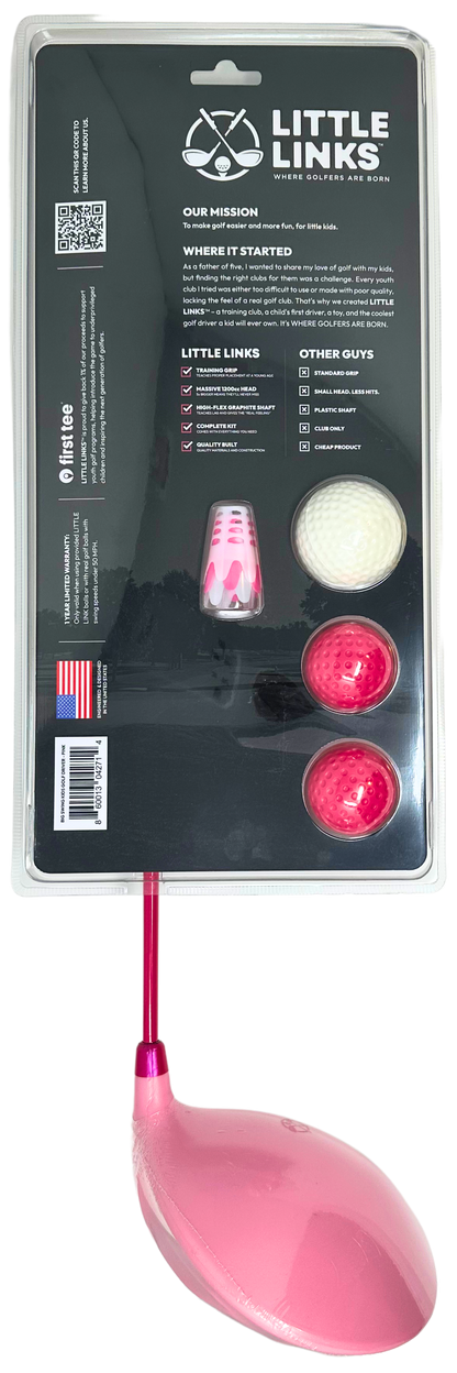 Back view of Little Links Big Swing Driver kids golf set packaging in pink, showing included training balls, tees and beginner-friendly golf features.