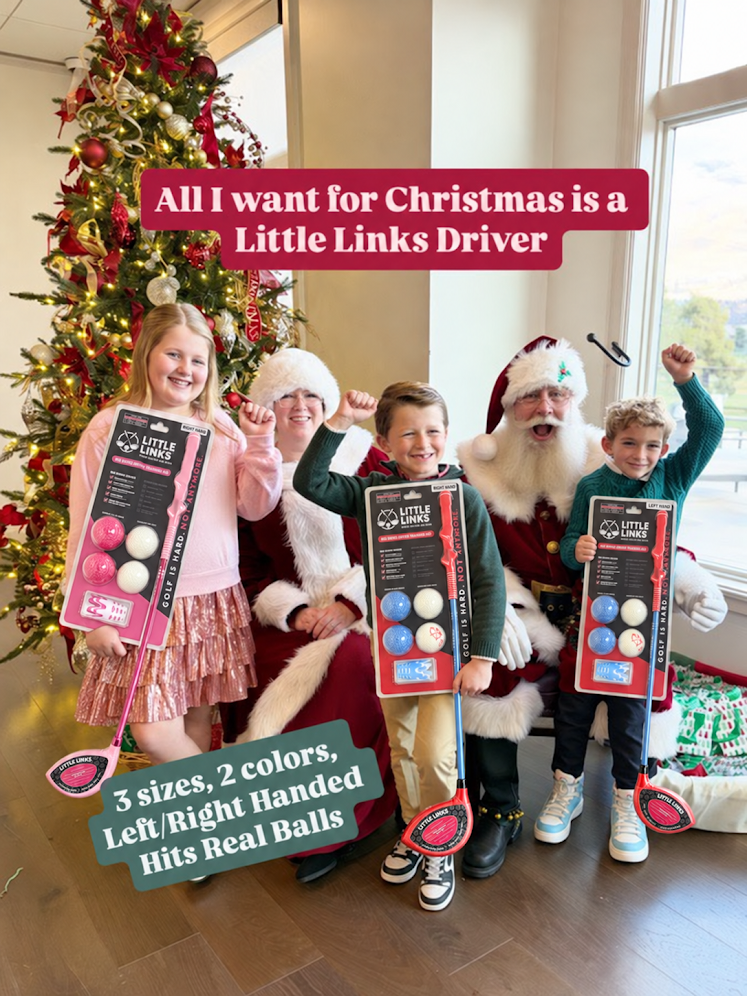 Children with Santa and Mrs. Claus holding Little Links golf drivers. All I want for Christmas is a Little Links Driver. Three sizes, two colors, left or right handed; hits real balls.