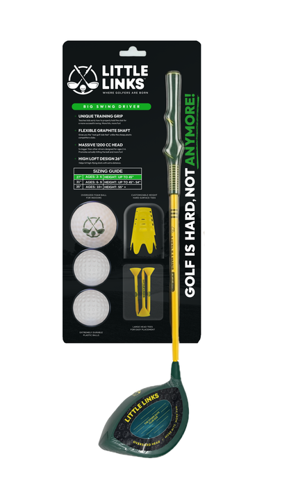 A green Little Links Big Swing Kids Golf Driver set including an oversized driver, training grip, plastic balls, and tees, designed to help kids learn golf in a fun and confidence-building way.