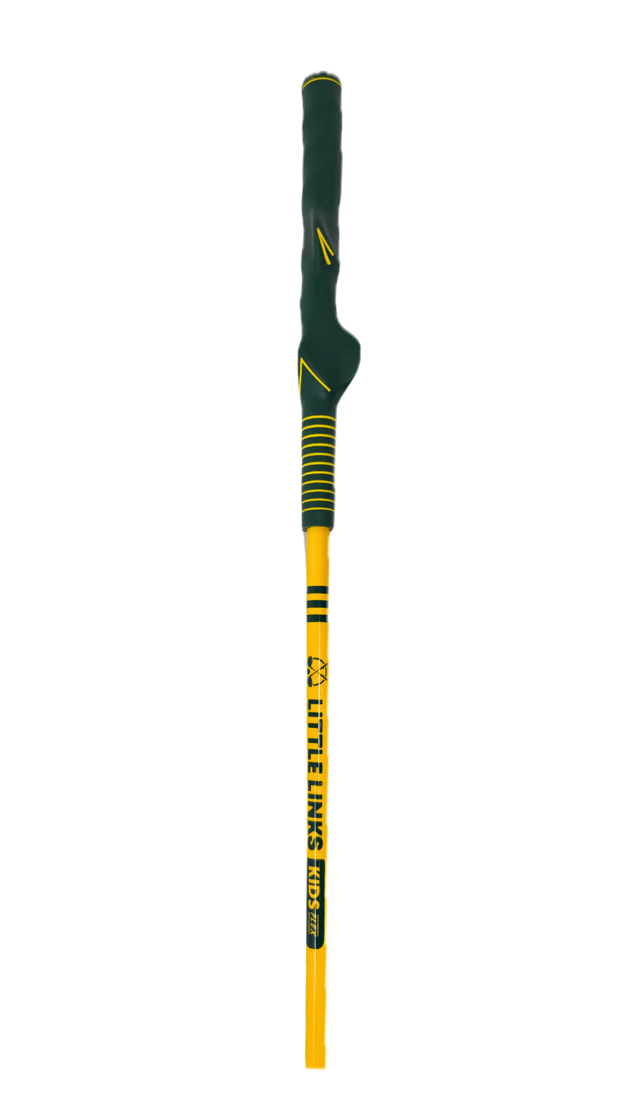 Close-up of a green Little Links kids golf driver training grip with yellow accents, designed to guide proper hand placement and help young golfers learn correct technique.