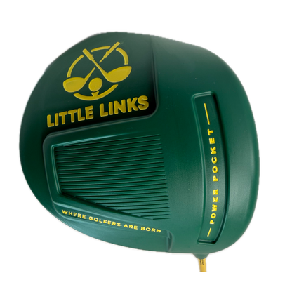 A green kids golf driver head with 'Little Links' branding, designed with a fun and vibrant look to help young golfers build confidence and enjoy the game.