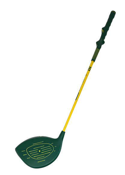 Side view of a green Little Links kids golf driver with yellow accents, training grip, and oversized club head, designed to help young golfers develop proper swing mechanics and build confidence.
