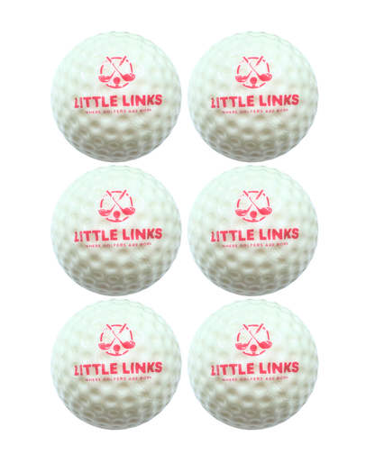 Little Links kids foam golf balls 6 pack in white with pink logo, oversized soft practice balls designed for safe indoor and outdoor training for young golfers.