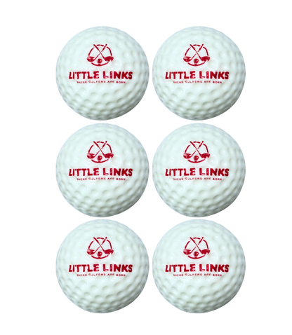Little Links kids foam golf balls 6 pack in white with red logo, oversized soft practice balls designed for safe indoor and outdoor training for beginner golfers.