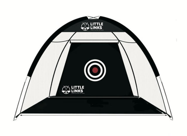 Little Links kids golf hitting net with center target shown in a front view, designed for at-home practice to help young golfers improve accuracy, swing consistency, and confidence while training indoors or outdoors.