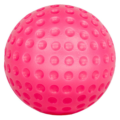 Close-up of oversized pink plastic golf ball with dimple texture, lightweight design ideal for safe kids golf practice indoors or outdoors.