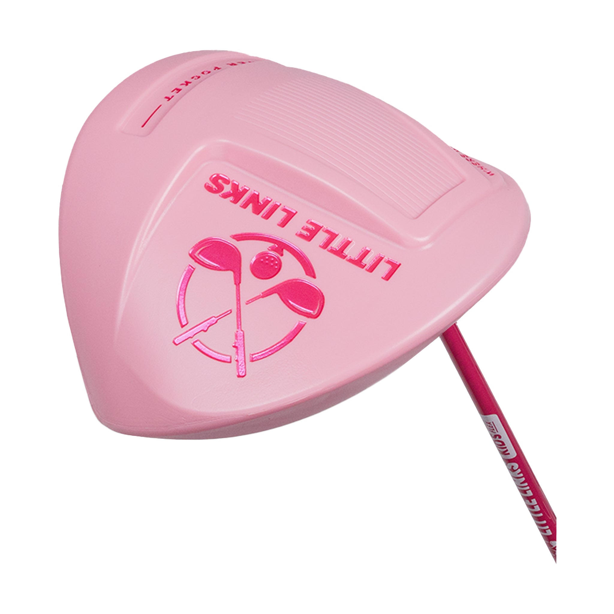 Bottom view of Little Links Big Swing Driver in pink showing oversized club head design for easier contact and beginner-friendly play.