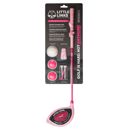 Little Links Big Swing Driver kids golf set in pink, including oversized training driver, practice balls and tees designed for beginner-friendly golf learning.
